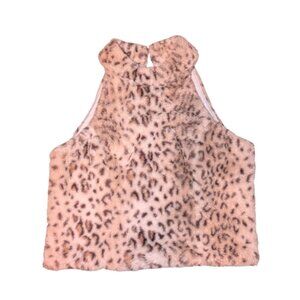 SHEIN Leopard Print Faux Fur Halter Crop Top